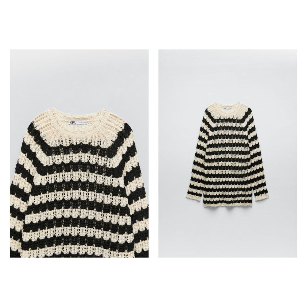 Black Cream Striped Pointelle Open Knit Long Sleeve Pullover Tunic Sweater (NWT) - Picture 6 of 7